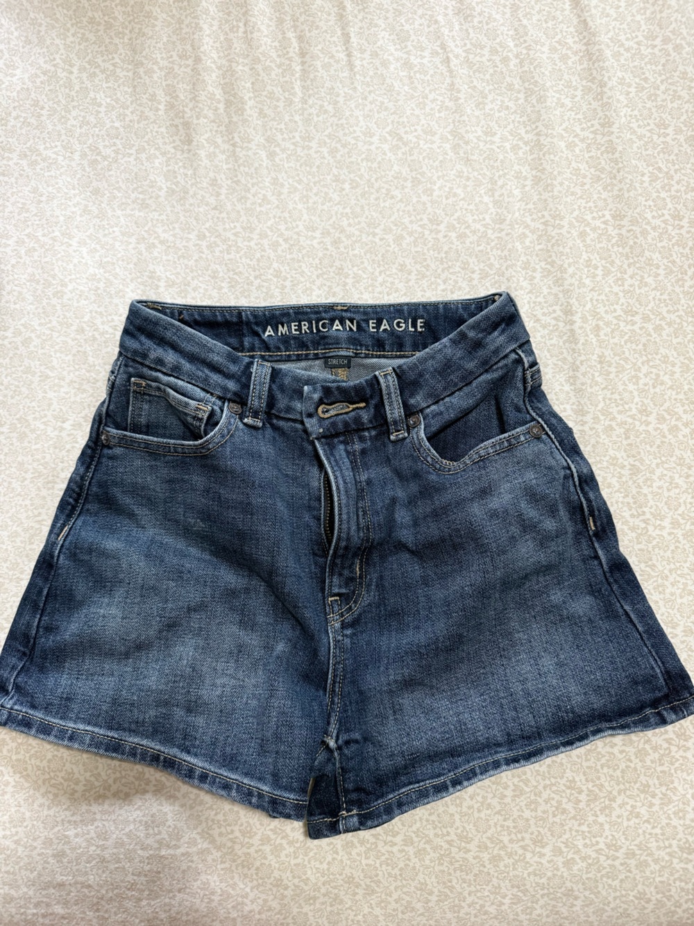 American Eagle Dark Indigo Denim shorts with Tan Stitching